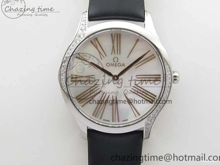 0420 StreetReady Ladies’ De Ville Trésor Diamond SS 3AF 1:1 Best Edition White MOP Dial RG Markers On Black Fabric strap Swiss Quartz 7884